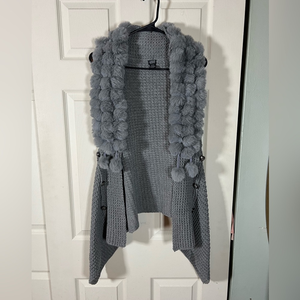 Roffe Gray Knit Vest with Soft Faux Fur Trim, button accents